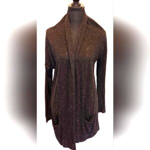 LOFT Open Front Cardigan Black with White Marled Specs Long Sz Sm